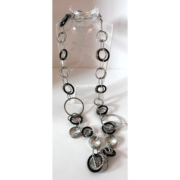Chico's Textured Black & Silver Circle Signed 21" Link Necklace - Picture 1 of 10